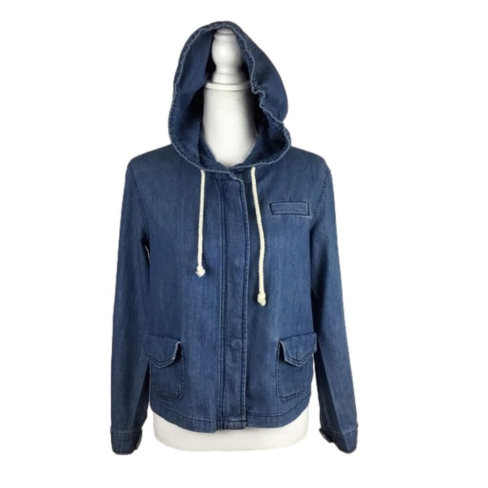 𝅺bdg Urban Outfitters Hooded Chambrey Denim Jacket Roll Up Sleeve Size XS